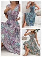 Vestido Largo De Mujer Con Cuello En V Y Estampado Moda Europea Y Americana Ajustado En La Cintura Sin Mangas Polyester - details 0