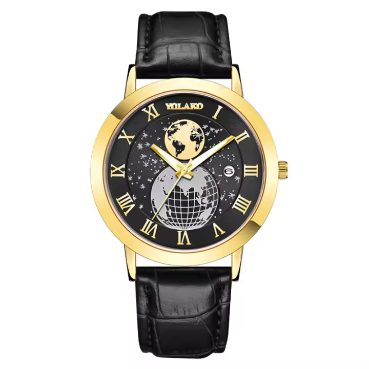 Nuevo reloj para hombre con calendario y representación de la tierra, correa de cuero, un reloj con un diseño único y funcional para el hombre - 1