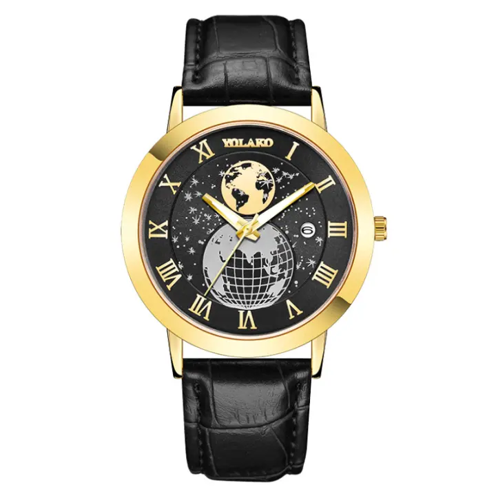 Nuevo reloj para hombre con calendario y representación de la tierra, correa de cuero, un reloj con un diseño único y funcional para el hombre - 1