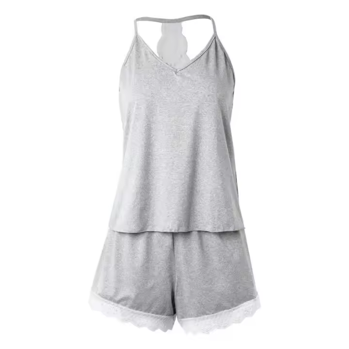 Conjunto De Pijamas De Verano Para Mujer En Encaje Crochet 2 Piezas Top Sin Mangas Y Shorts Estilo Casual V-Neck - 1
