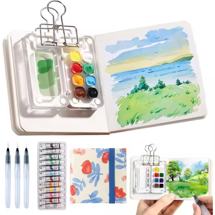 Mini juego de pintura de acuarela, kit de viaje de pintura con paleta de acuarela de bolsillo en miniatura y compacto con cuaderno de bocetos y caja de pintura acrílica de 8 cuadrículas, paquete de paleta de pintura lista para viajar - 1
