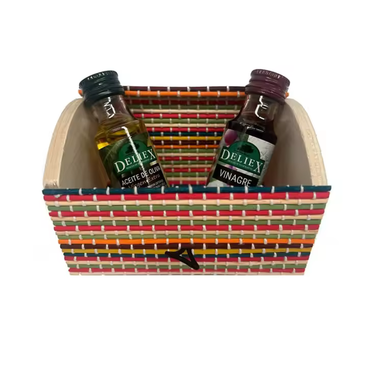 Detalle para eventos. Regale este pack de Aceite de oliva y Vinagre en miniaturas con baúl multicolor de madera (Pack 24 ud) - 1