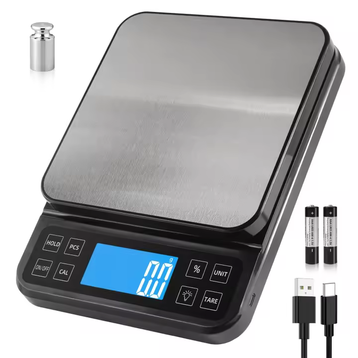 Báscula de cocina grande, precisión de 0,1 g, capacidad de 5 kg, con función de porcentaje, carga USB, pantalla LCD visual, plato de pesaje de acero inoxidable, color negro. ) (sin pilas) - 1