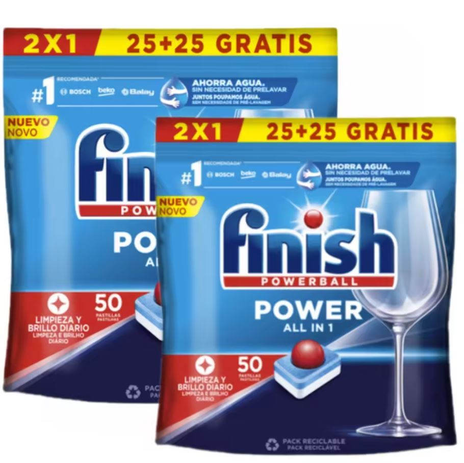 Finish Power All in 1 - Pack de 5 Paquetes De 25+25 (250) Pastillas o Pack De 2 Paquetes De 25+25 (100) Pastillas para lavavajillas sin fosfatos, con potente Powerball para eliminar las manchas de grasa más difíciles.