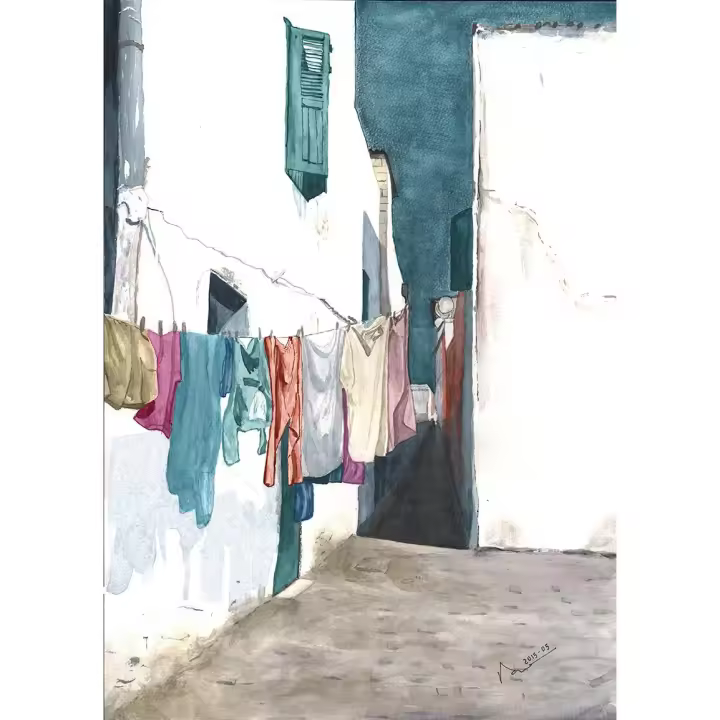 Cuadro decorativo grande vertical  "MARRUECOS" 80x115 90x130 100x140  Lienzo de alta calidad Ropa tendida colores pasteles costumbristacalle  colorido Ref  ANA DURAN A 032 - 1