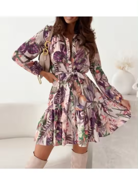 Vestido De Mujer Elegante Casual Primavera/Verano Con Estampado Cuello Redondo Manga Larga Con Cinturón Vestido A-Line De Rodilla - 1