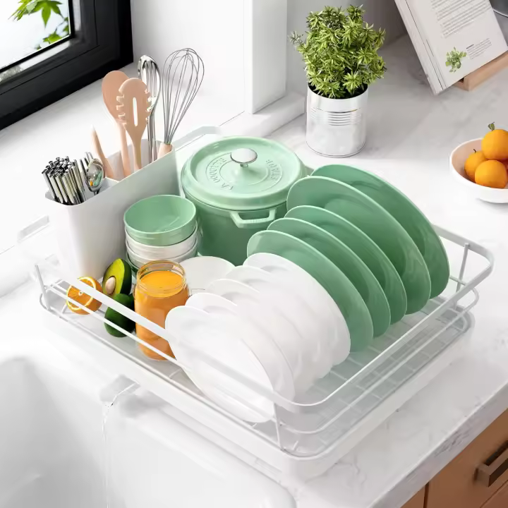 Dish Drying Rack- Space-Saving Dish Rack,Stainless Steel Kitchen Drying Rack with a Cutlery Holder,12''W x 15''L, White - 1