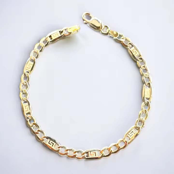 Pulsera Barbada con Greca 5 mm  (4.10+1.00 mm) de 18 cm Oro 18 Kilates, con certificado de calidad. - 1