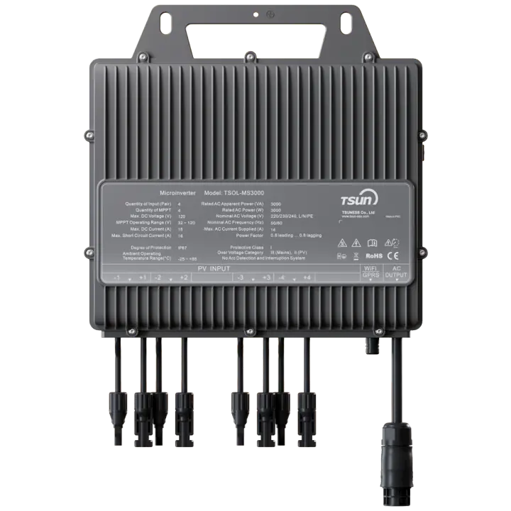 TSUN Microinversor  - Potencia 3000W - 4 entradas MPPT - Eficiencia de 97.2% - Módulo de comunicación Wi-Fi - APP WEB y Movíl - 1