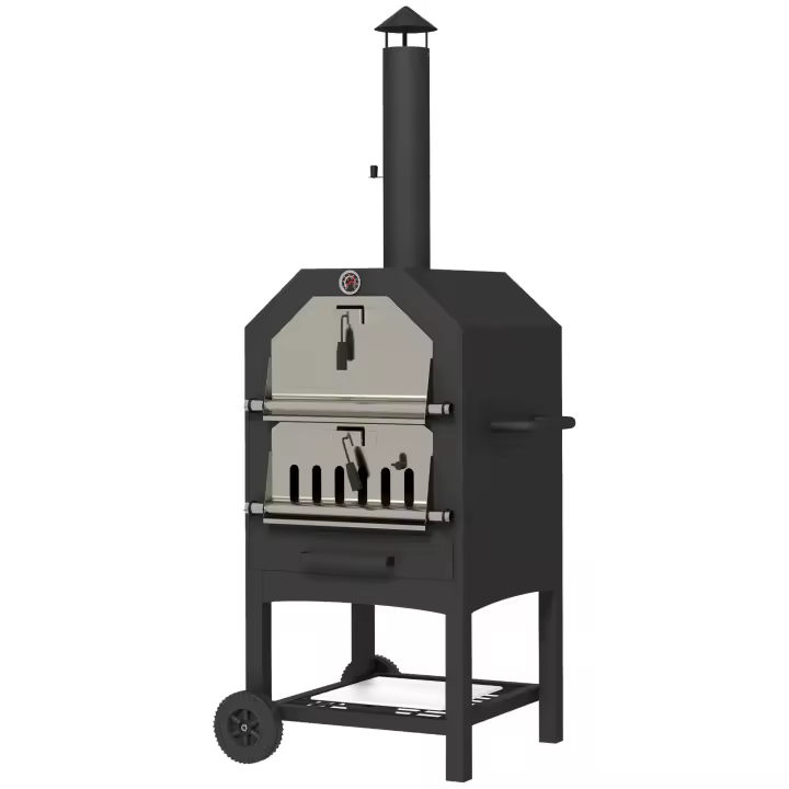 2x1 Horno Pizza Barbacoa exterior with Piedra para pizza y Cenicero, 2 parrillas para barbacoa, Horno de Leña with Rueda y termómetro, Adaptado para Jardín Negro - 1