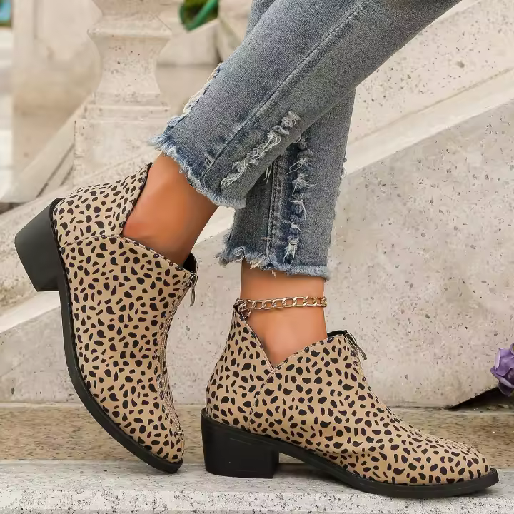 SP Botas Chelsea with estampado de Leopardo para Mujer, de talla Grande, estilo Británico, color sólido, Punta puntiaguda, Cremallera trasera informal, Tacón Bajo, Zapatos individuales para Mujer. - 1