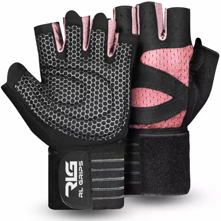 RL Grips® Guantes Gimnasio para Levantamiento de Pesas, Crossfit, Musculación con Muñequera y Grip de Silicona Antideslizante en Color Rosa y Negro - Guantes Fitness para Hombre y Mujer con Muñequera - 1