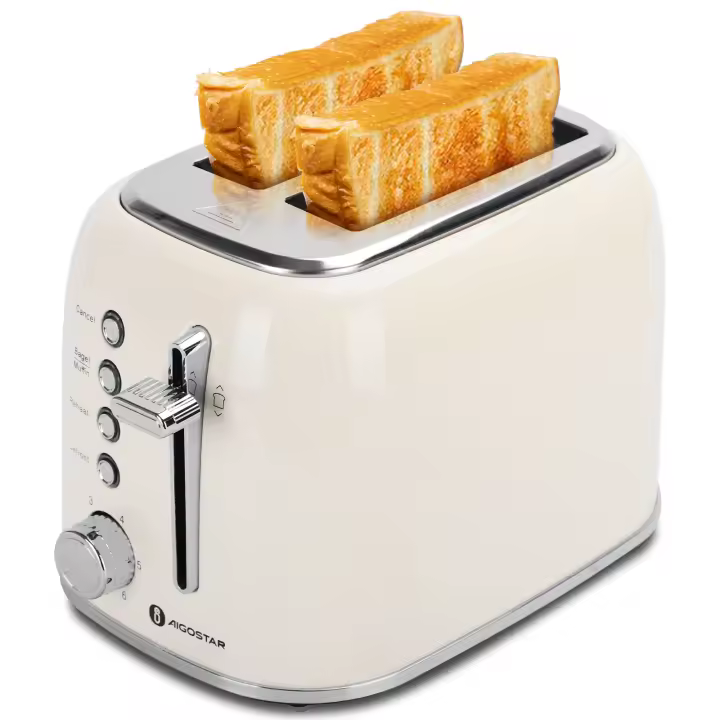AIGOSTAR  Tostadora Retro de 2 Ranuras, 6 Niveles de Tostado, 4 Funciones(Descongelar, Recalentar, Cancelar y Bagels), Bandeja Recogemigas (800W) - 1