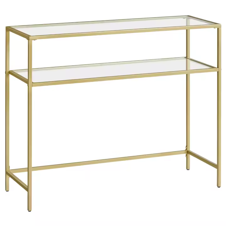 VASAGLE Mesa de Consola, Mesa de Entrada, Extremo del SofÁ, Tablero de Vidrio Templado, Marco de Metal, Patas Ajustables, para SalÓn, Entrada, Pasillo, Dorado y Transparente/Negro y Transparente/Blanco Perla y Gris Pizarra - 1