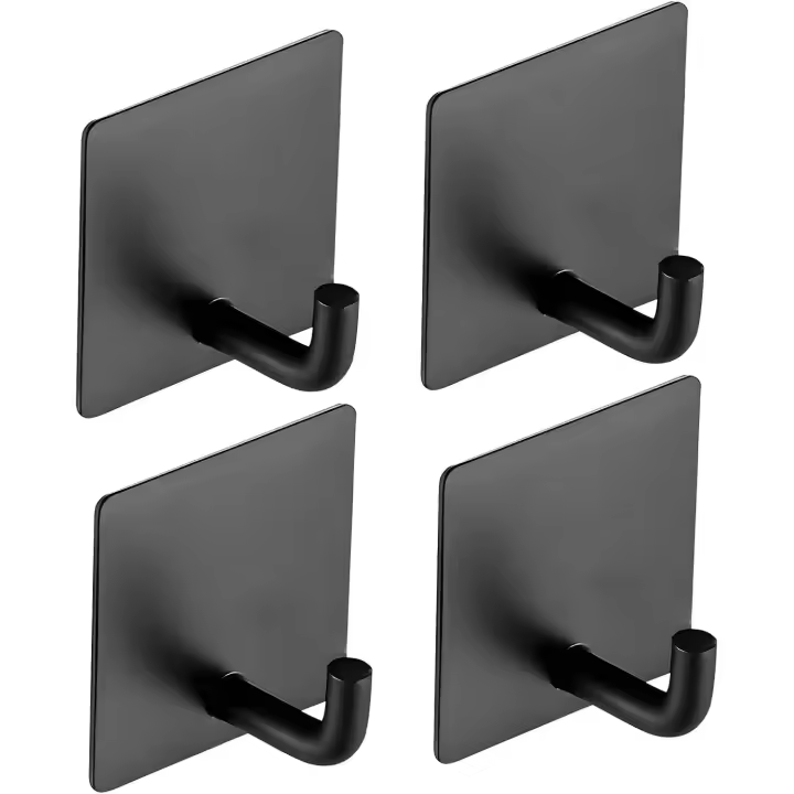 Adhesive Towel Hooks 4 Pack Stainless Steel Robe Coat Hooks for Hanging Versatile Wall Hooks for Bathroom, Kitchen, Office, School Black Shower Hook Hanger - 1