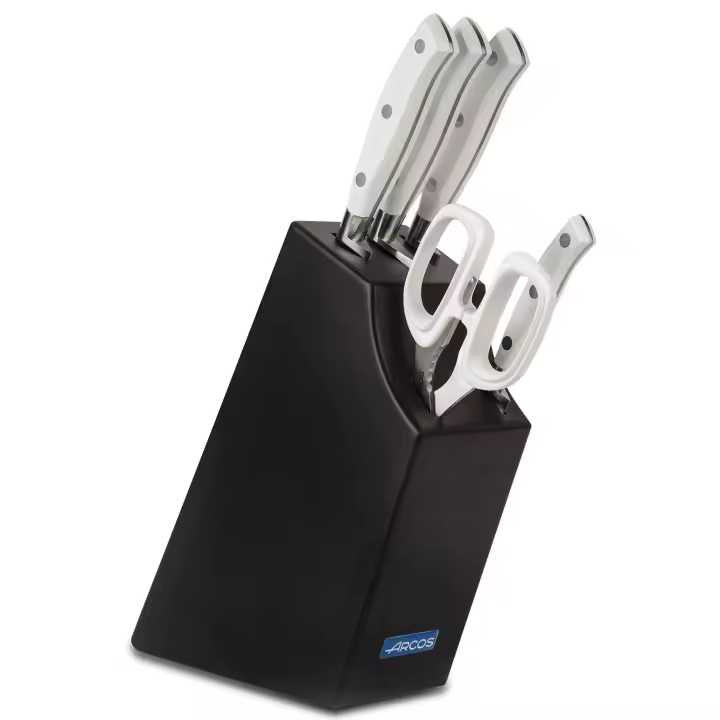 ARCOS Riviera Blanc - Set de Cuchillos de Cocina (4 Cuchillos + Tijeras) - Acero Inoxidable Forjado Nitrum® - Mango Blanco de Polioximetileno (POM) - Bloque de Madera Lacado Negro - (Cuchillos: Mondador, Chef, Panero, Jamonero) - 1