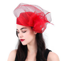 Sombrero De Fiesta Elegante En Rojo Sinamay Para Mujer Con Pluma Y Velo Para Boda Iglesia Cóctel Té Sombrero Derby Formal - details 1