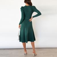 Vestido Casual Diario Para Mujer Con Mangas Burbuja Cintura Alta Ajustada Y Volante Medio Largo De Tejido Knit Moda Avanzada Y Única - details 13