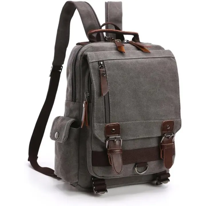 Mochila bandolera de lona para hombre y mujer, bandolera de lona, ​​bandolera, lona lavada, decoración de cuero PU, 29 x 33 x 11 cm, unos 800 gramos, multibolsillos, elegante, neutro, excelente regalo. - 1