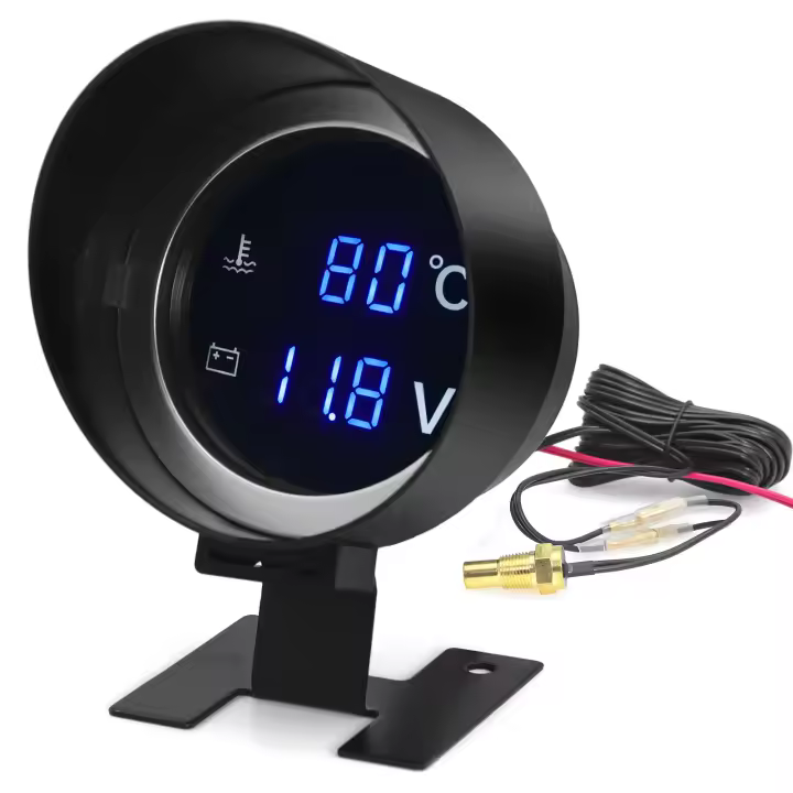 Gauge Digital Led Azul Redondo Para Coche Camión Medidor De Temperatura Y Voltaje 2 En 1 12V 24V Sensor De Temperatura Del Agua Con Voltímetro - 1