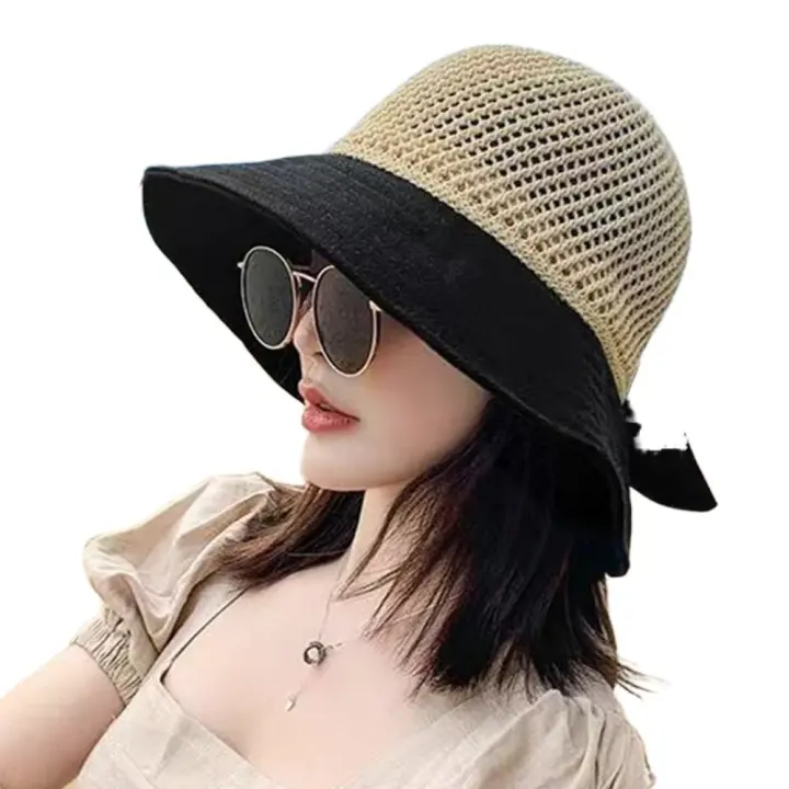 Sombrero De Paja Panama Para Mujer Verano Protección UV Plegable Amplio Adecuado Para Playa Y Exterior Estilo Casual - 1
