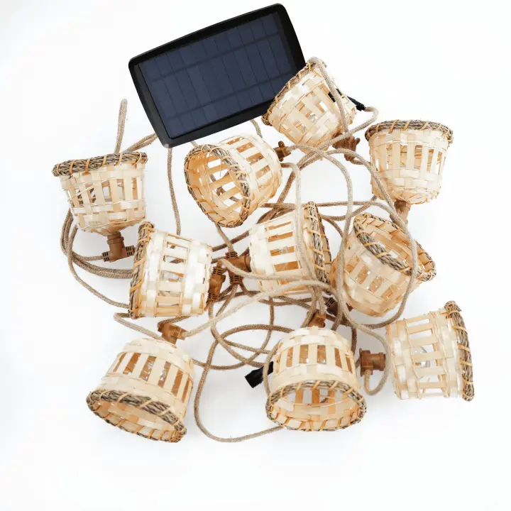 AURORA - Guirnalda de luces solares y recargable para exteriores, bambú, ratán, yute, 10 luces LED naturales - 1