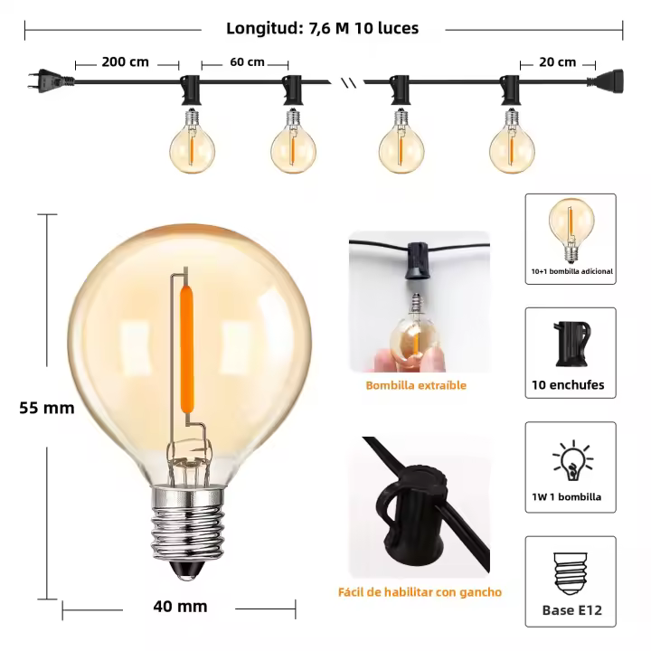 Luz De Cadena G40 Exterior Bombilla LED De Vidrio Ambarino Dimmer IP44 Impermeable Decoración Para Patio De Casa Garland De Luz Faeira Conectable - 1