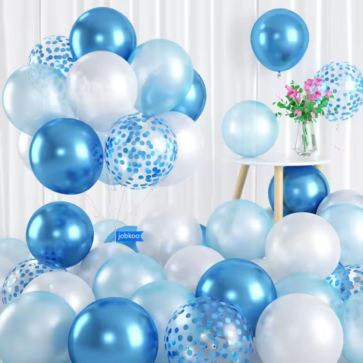 Globos azules y Blancos, juego de 60 Globos Celestes y Blancos con conceti Azul y Globos Azules metalizados - 1