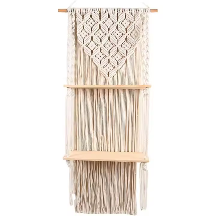 Tapiz, decoración de pared de madera tejida, estante de almacenamiento colgante flotante, cuerda de algodón - 1