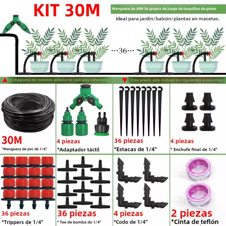 Kit De Riega Por Goteo Para Jardín 10-30M Con 1/4'' Sistema Automático De Riego Para Plantas De Bonsái Flores Verduras Y Estufa - 1