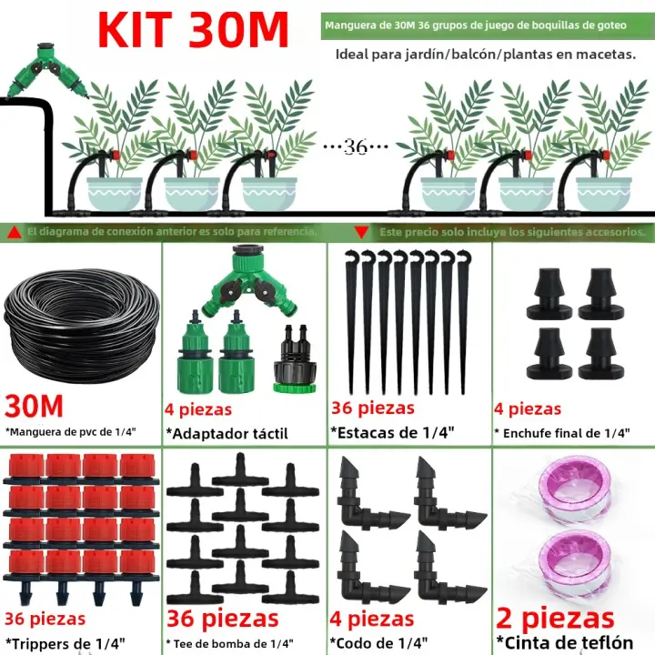 Kit De Riega Por Goteo Para Jardín 10-30M Con 1/4'' Sistema Automático De Riego Para Plantas De Bonsái Flores Verduras Y Estufa - 1