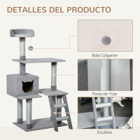 PawHut Árbol Rascador para Gatos Grande Altura 124 cm Torre de Escalada con Plataformas Escalera Cueva Postes de Yute y Bola Colgante Juego y Descanso 60,5x40x124 cm Gris - details 4