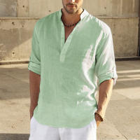 Camisa Casual Para Hombre Algodón Lino Manga Larga Cuello En Pie Moda Ajustada Top Hermoso Para El Hogar Y Compras - details 3