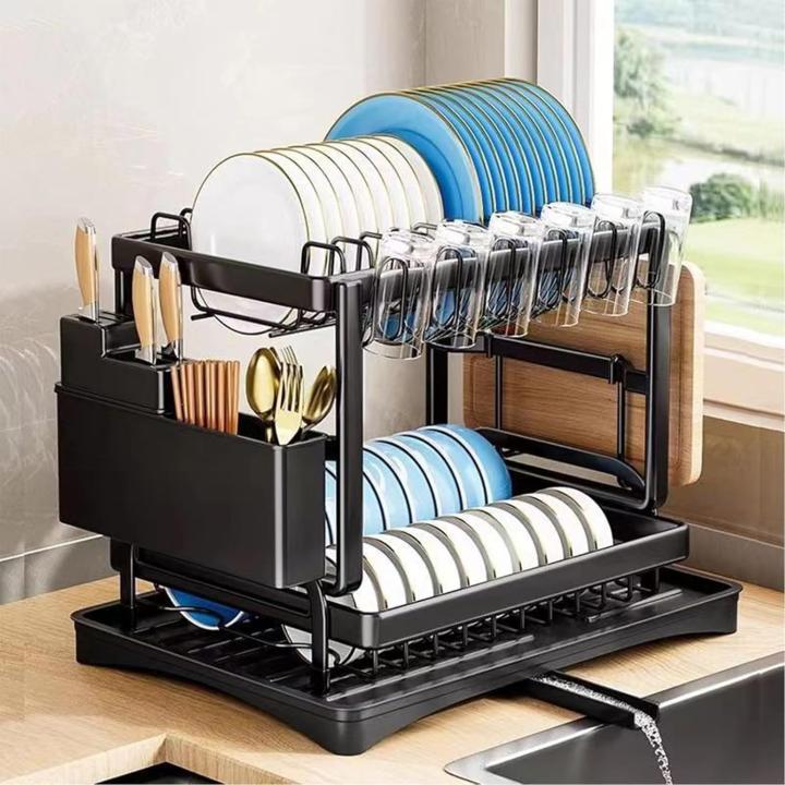 DECODEKO Escurridor de Platos de Acero Inoxidable de 2 Niveles, Escurreplatos Acero Inoxidable Cocina (42*30*29cm), Rack de carbono para Vajilla y Ollas, Bandeja Antigoteo y Boquilla de Drenaje Automático, Organizador de Cocina Compacto