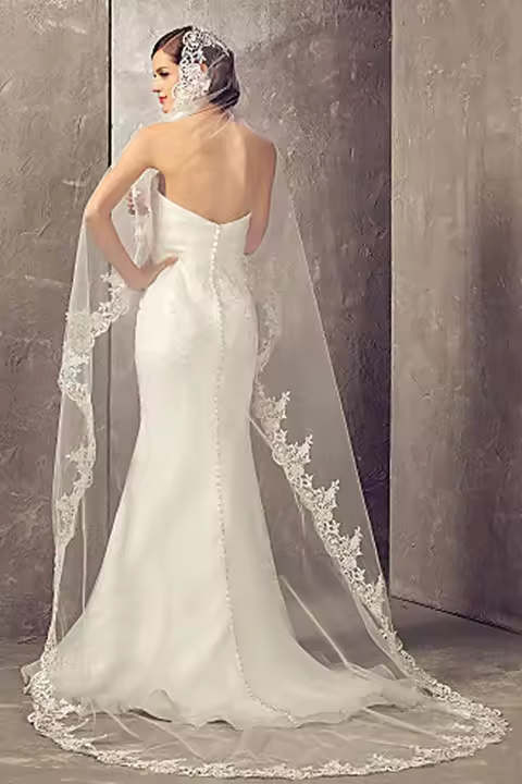 Velo De Novia De Encaje Largo De Catedral BABYONLINE Elegante Túnel De Boda En Blanco Y Blanca Sola Capa Accesorios De Novia Para Mujer - 1
