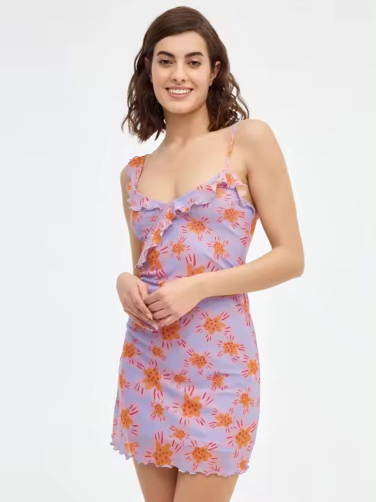 Vestido mini de tul de tirantes y escote de pico con estampado de flores INSIDE - 1