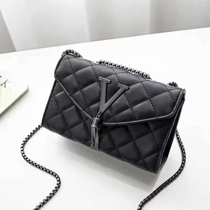 Bolso De Hombro De Lujo Negro Para Mujer De Cuero PU Con Trenzado Y Borla Bolso Bandolera Con Patrón Cuadrado Bolsa De Mano Con Cierre De Hasp - 1