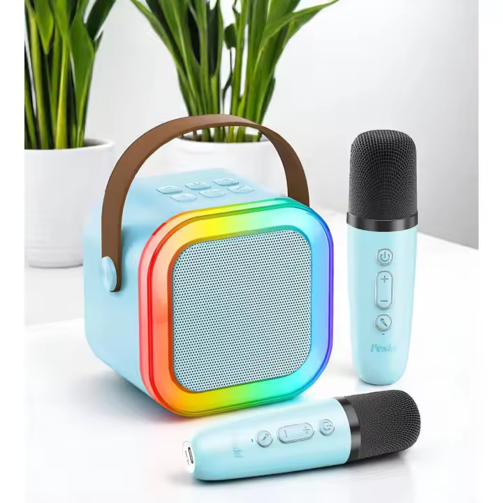 Mini karaoke portátil con altavoz bluetooth, 2 micrófonos inalámbricos y luces LED. 5 Efectos de voz. Perfecto para pasarlo bien en familia, disfrutando tanto niños como adultos. Lukkalia - Kids and Us / LKKMK - 1