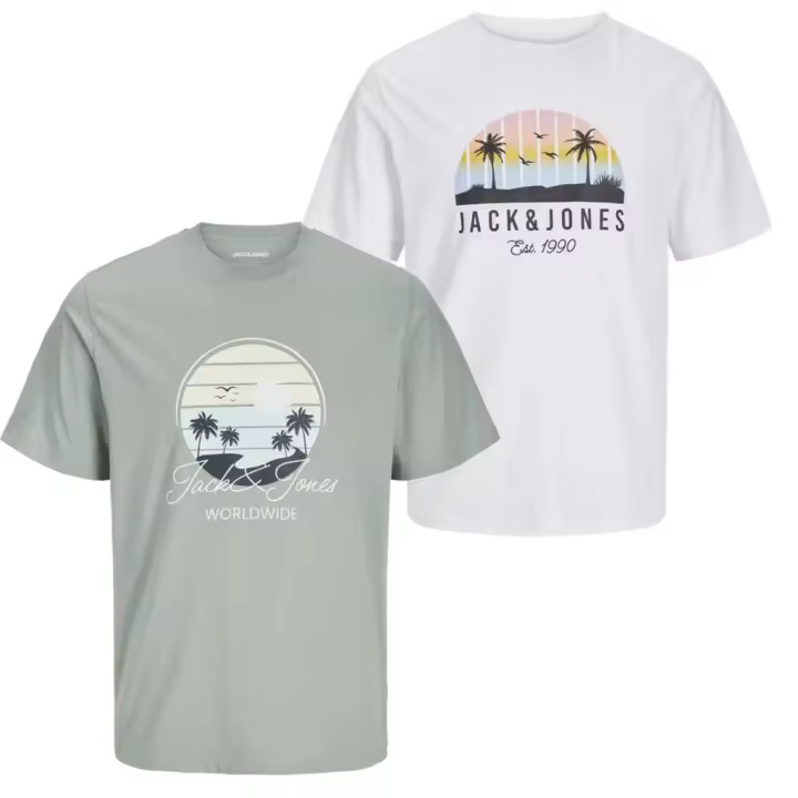 Jack & Jones SS25 Hombre Pack 2 Camisetas de Algodón Mod JJPALM TEE CREW logo estampado Moda Casual Informal REF 269418 - 1
