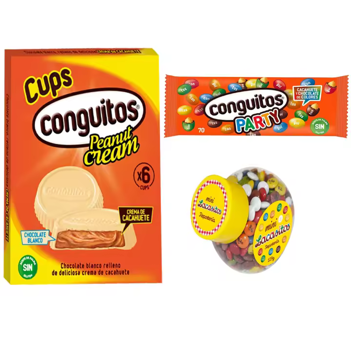 Pack Conguitos cups blanco pack 3x34g,party bolsa 70g,Lacasitos mini color bote 129g - 1