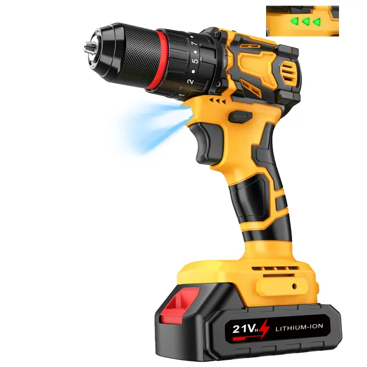 Taladro inalámbrico de alta potencia, taladro de impacto de 21 V, velocidad de 2000 rpm, 2 velocidades variables, con luz, ajuste de torque 25+3, función 3 en 1, perfecto para atornillar/taladrar/perforar. - 1