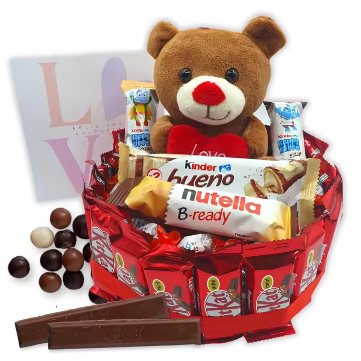 Tarta de Chocolate Kit Kat + Osito LOVE - Regalo Ideal para San Valentin. Kinder Bueno, Kinder Chocolate, Nutella, Happy Hippo - Tarta de 20 cms [IAMI] - 1