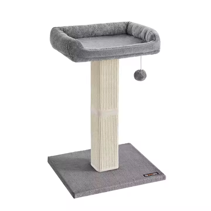 FEANDREA Rascador para Gatos, Poste de Rascado con Plataforma de Tela de Felpa de 40 x 30 cm, Árbol para Gatos, Altura de 68 cm, Poste de Sisal, con Pompón, Gris Claro/Gris Oscuro - 1