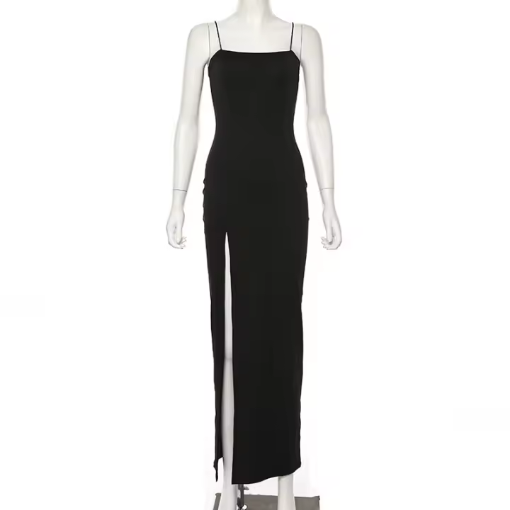 Vestido Slim De Mujer 2025 Moda Color Sólido Con Abertura Camisola Y Falda A-Line Vestido De Fiesta Casual De Pierna Larga - 1