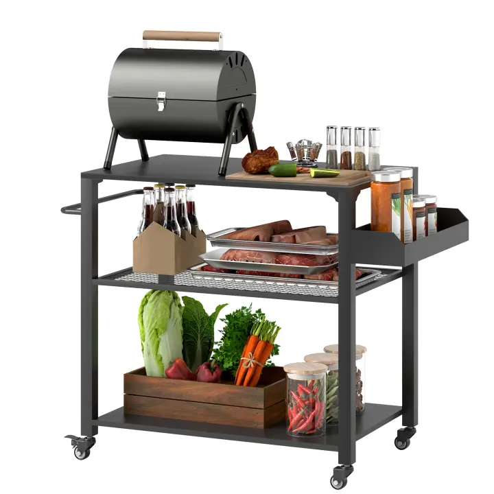 Outsunny Carrito de Parrilla de 3 Niveles Carrito de Barbacoa Carrito de Servicio con 4 Ruedas Estantes y Asa Mesa de Horno de Pizza para Jardín Patio Negro - 1