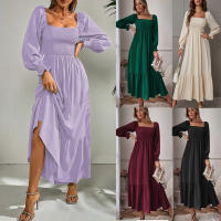 Vestido De Mujer Para Primavera/Verano Con Cuello Cuadrado Y Mangas Largas Ajustado En Cintura Con Volantes Y Corte Flared - details 0