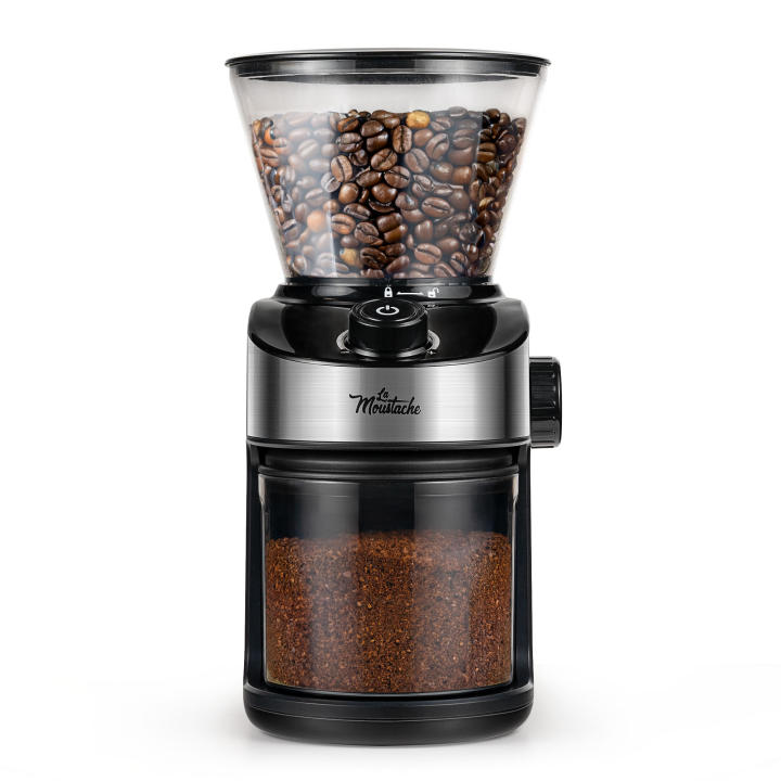 LA MOUSTACHE Molinillo de Café Eléctrico 200W, Capacidad 190gr, Mecanismo de Rebabas Planas