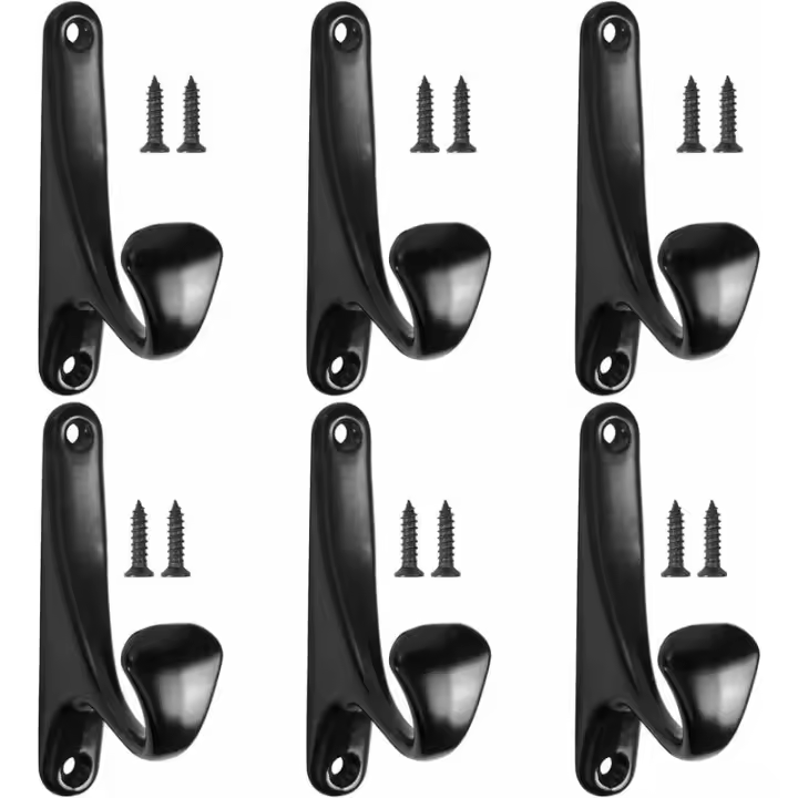 6PCS Gancho para abrigos montado en la pared, Ganchos para abrigos retro, Gancho de metal montado en la pared, Ganchos para batas negros, Gancho para toallas, Gancho para sombrero, Gancho para puerta para baño Cocina Carivent - 1