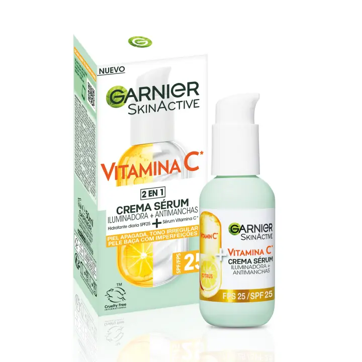 Garnier | Crema Sérum con SPF 25. Alta Concentración de sérum con Vitamina C y Protección Solar para Proteger la Piel de las Manchas del Sol. Fórmula Ultra Ligera e Hidratante 50ml - 1