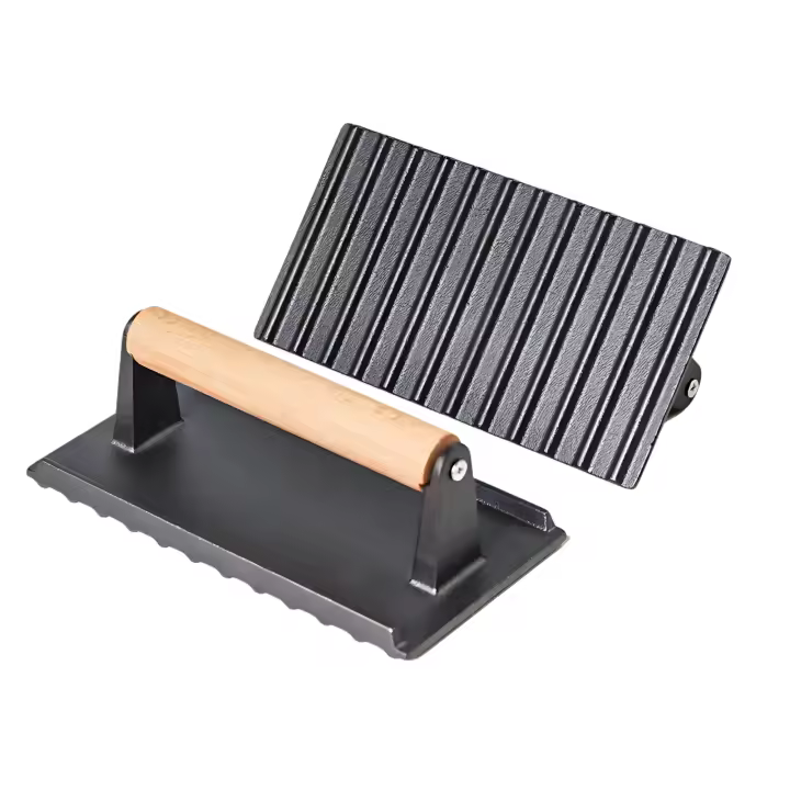 Prensa de Carne Rectangular. Para Parrilla, Barbacoa. Prensa para Hamburguesas de Hierro Fundido, Antiadherente. Peso para Carne, con Mango de Madera. - 1